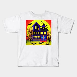 Spooky Blue Haunted Mansion With Bats and Full Moon Colorful Illustration Kids T-Shirt